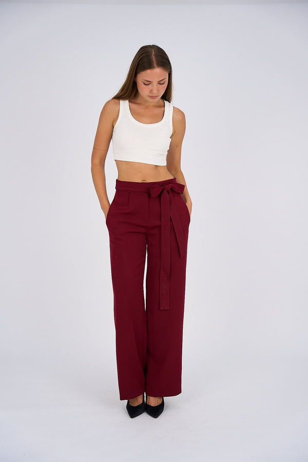 Belted Wide Leg Pants - Burgundy-1