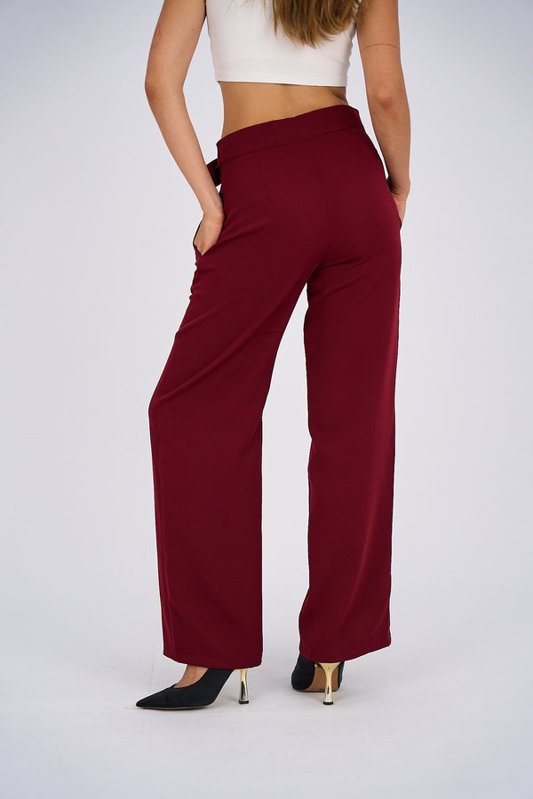 Belted Wide Leg Pants - Burgundy-3