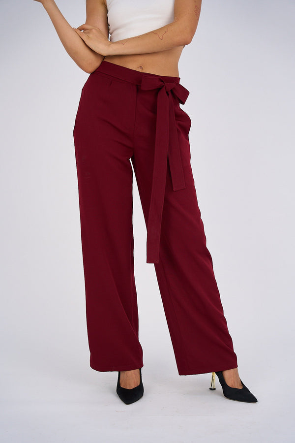 Belted Wide Leg Pants - Burgundy-0