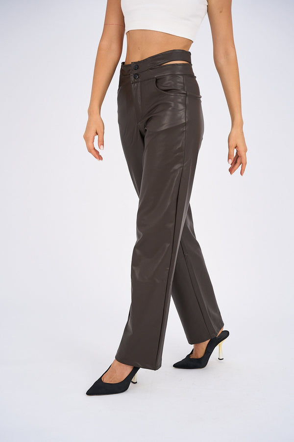 Faux Leather Wide Leg Pants - Brown-0