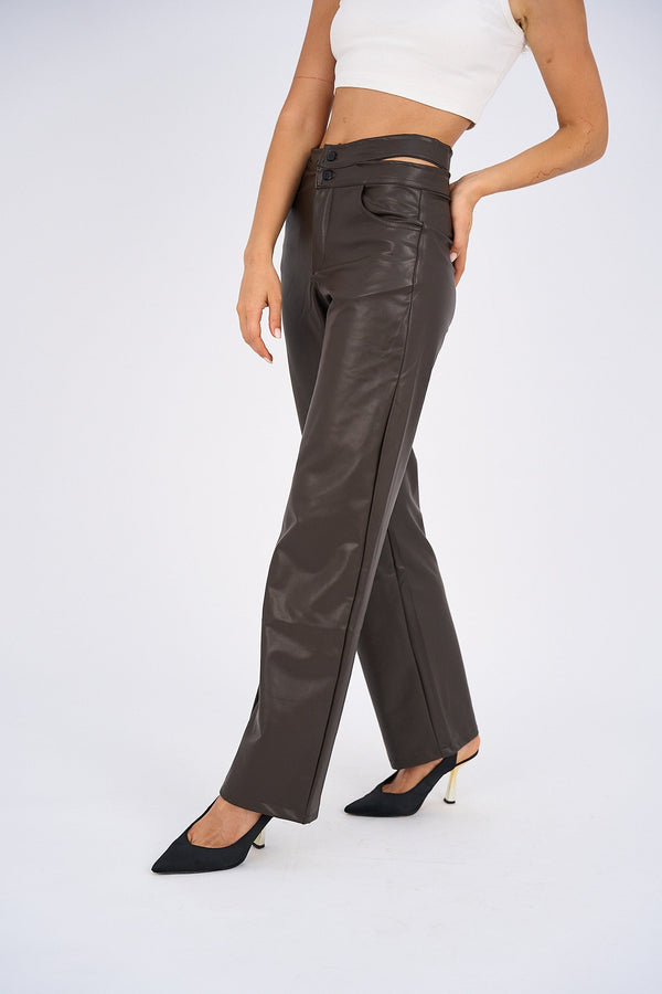 Faux Leather Wide Leg Pants - Brown-1