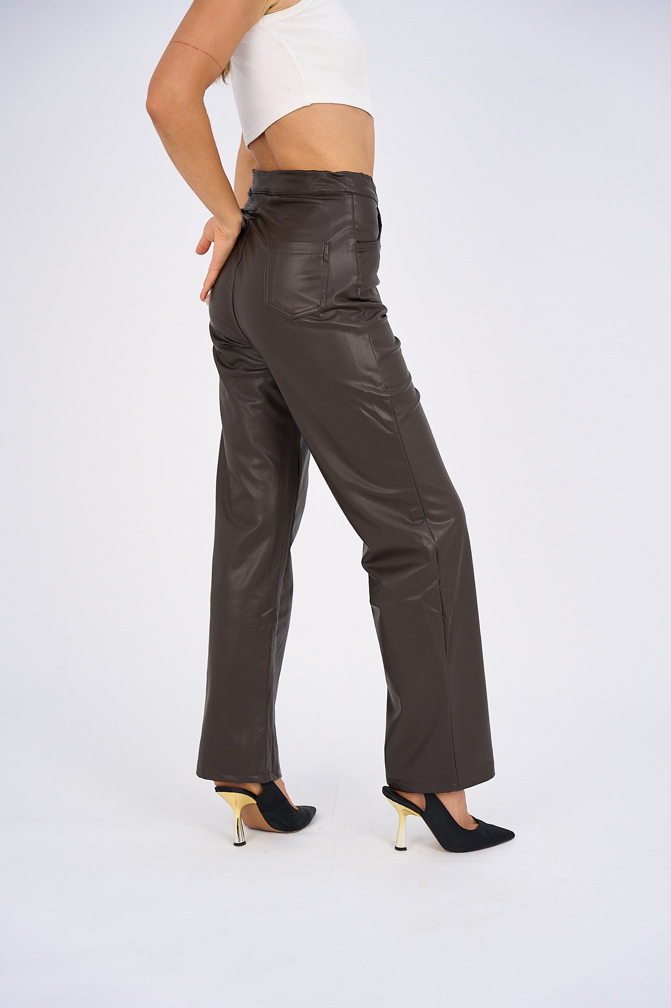 Faux Leather Wide Leg Pants - Brown-2