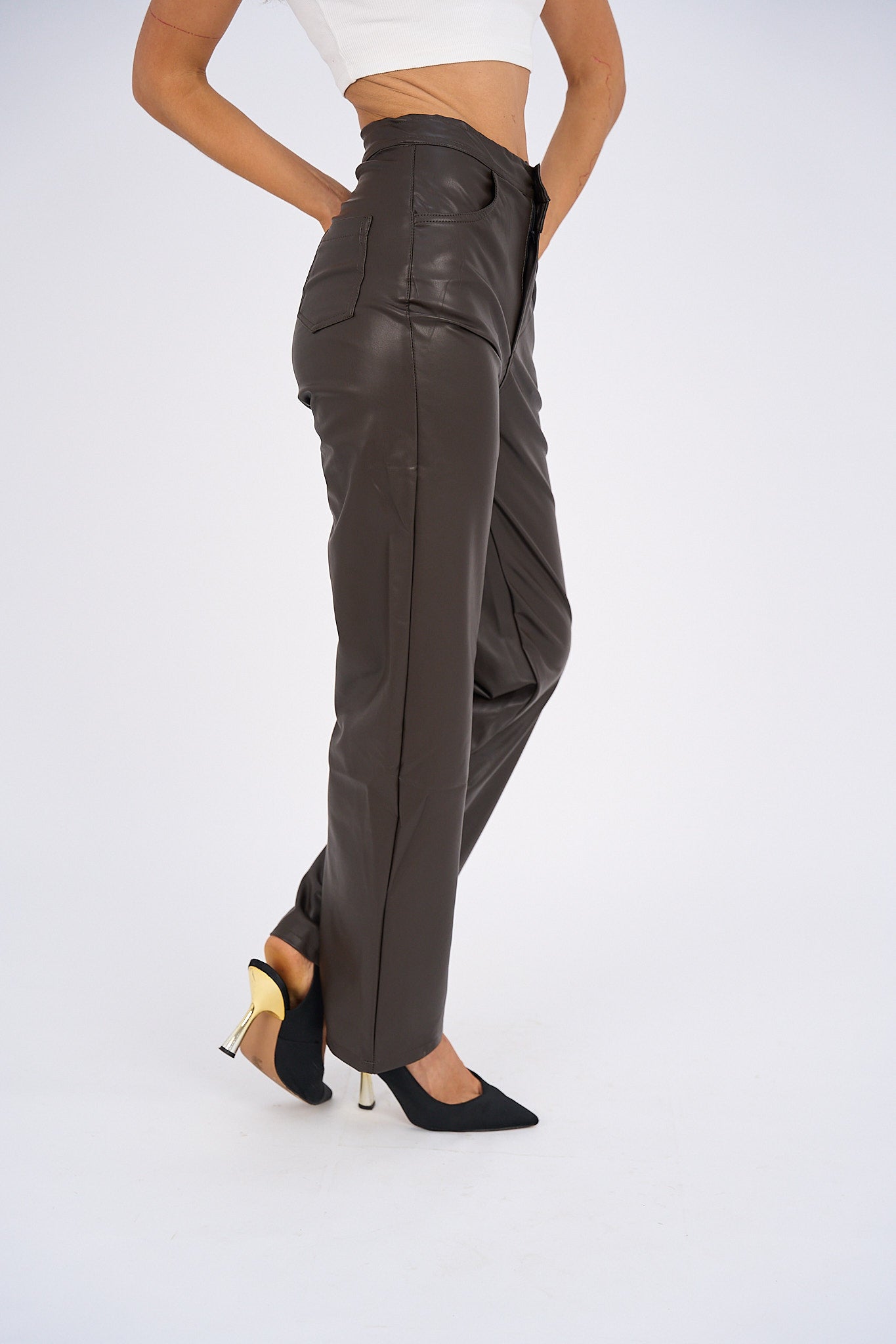 Faux Leather Wide Leg Pants - Brown-3