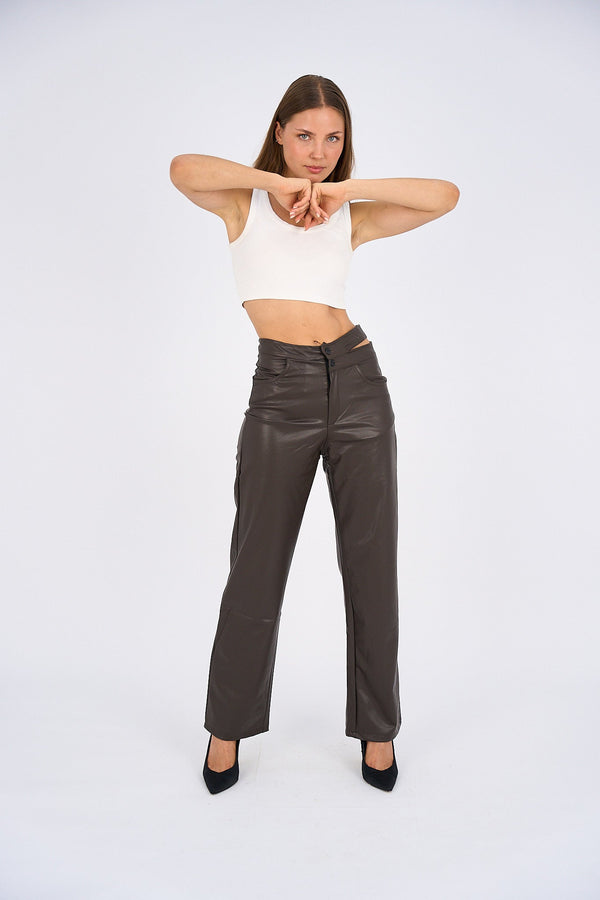 Faux Leather Wide Leg Pants - Brown-4