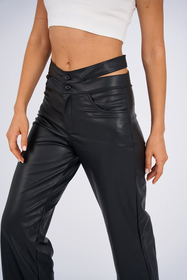 Faux Leather Wide Leg Pants - Black-3