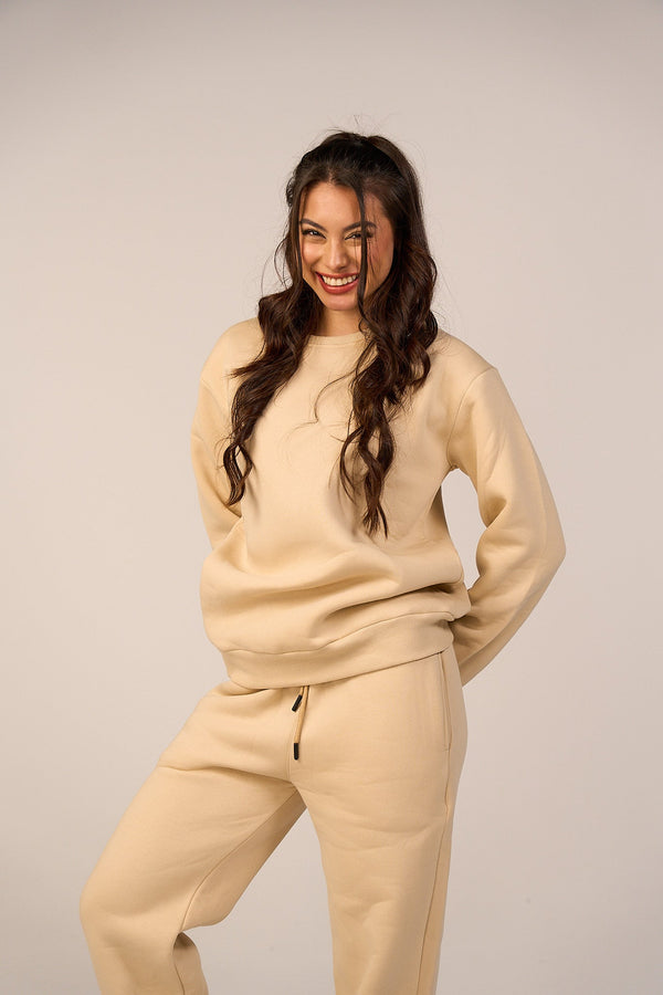 Crew Neck Pullover & Sweatpants - Set - Beige-1