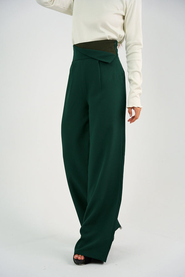 Striped Waistband High Waist Trouser - Green-0