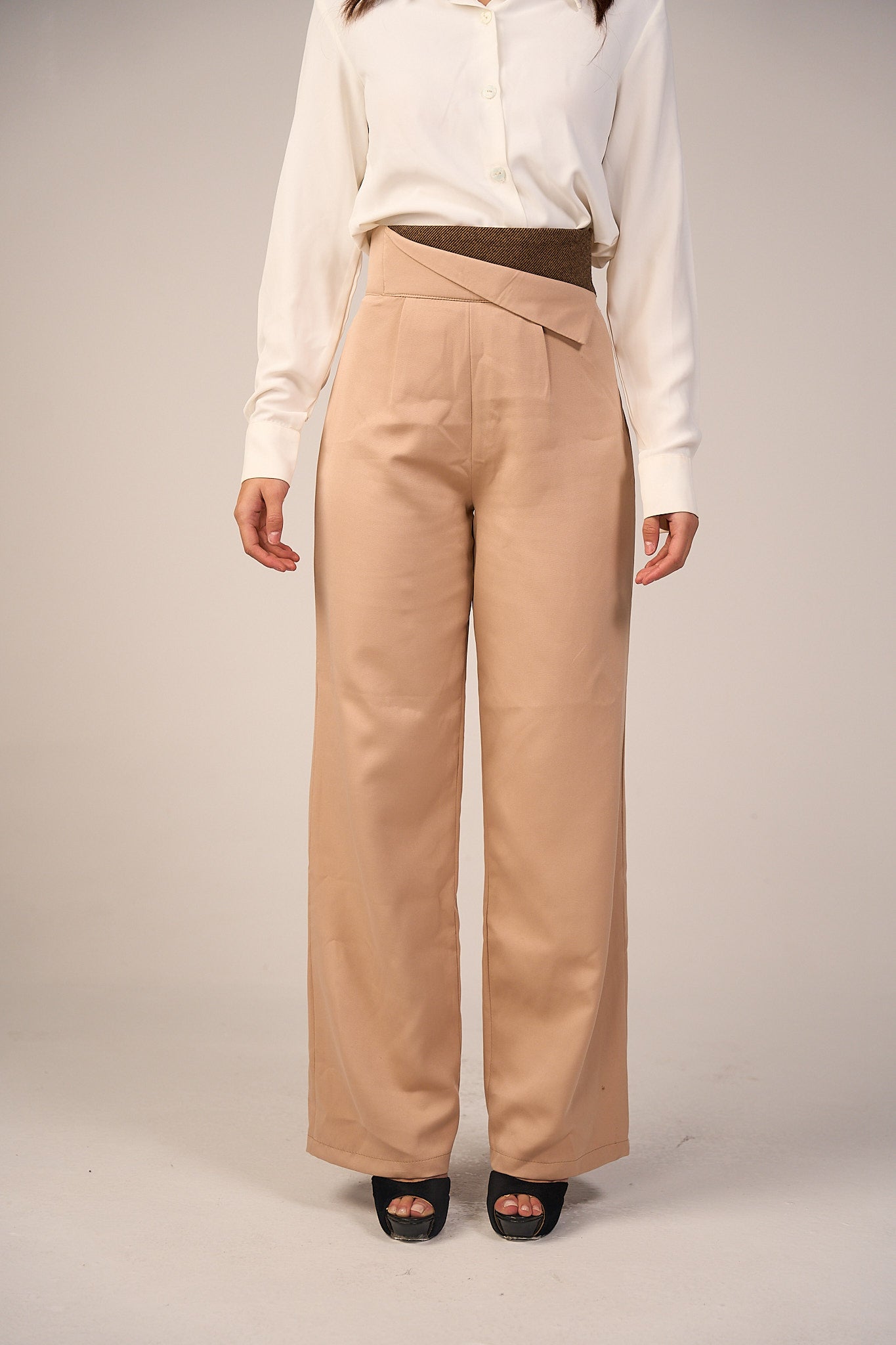 Striped Waistband High Waist Trouser - Beige-0