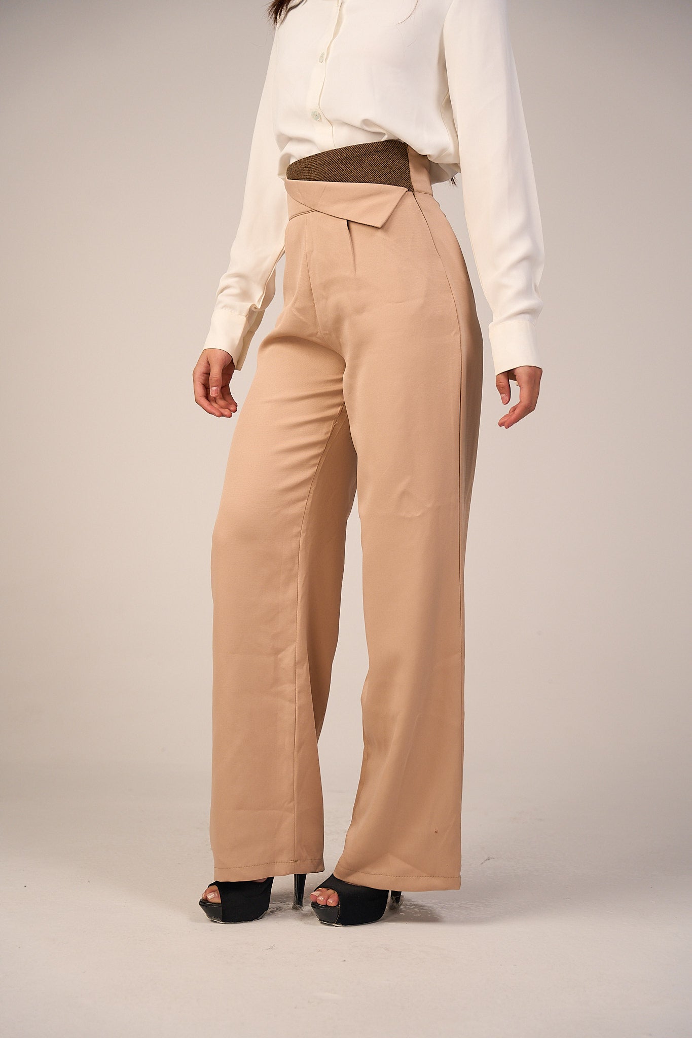 Striped Waistband High Waist Trouser - Beige-1