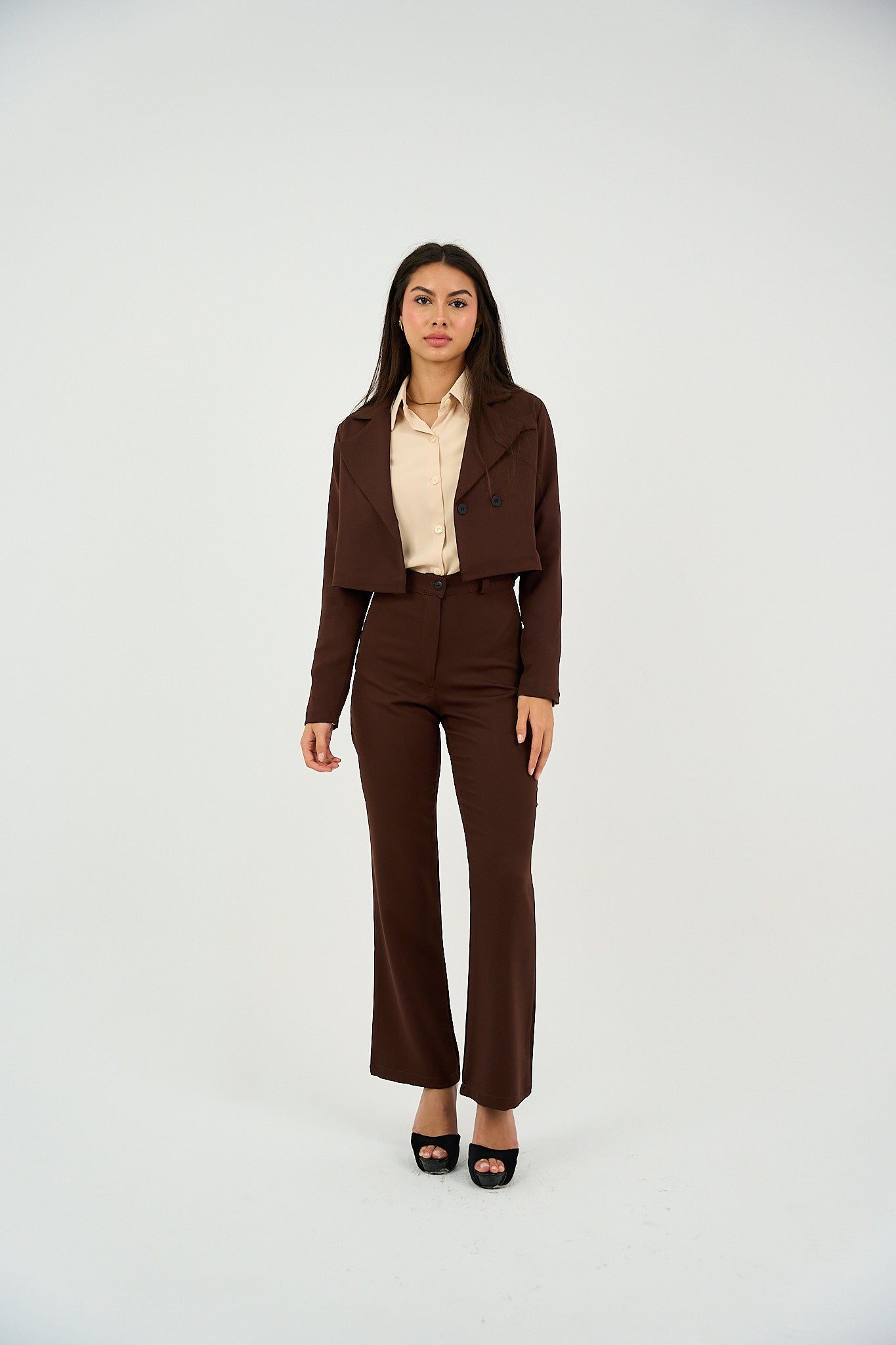 Flared Suit Trousers - Brown-2