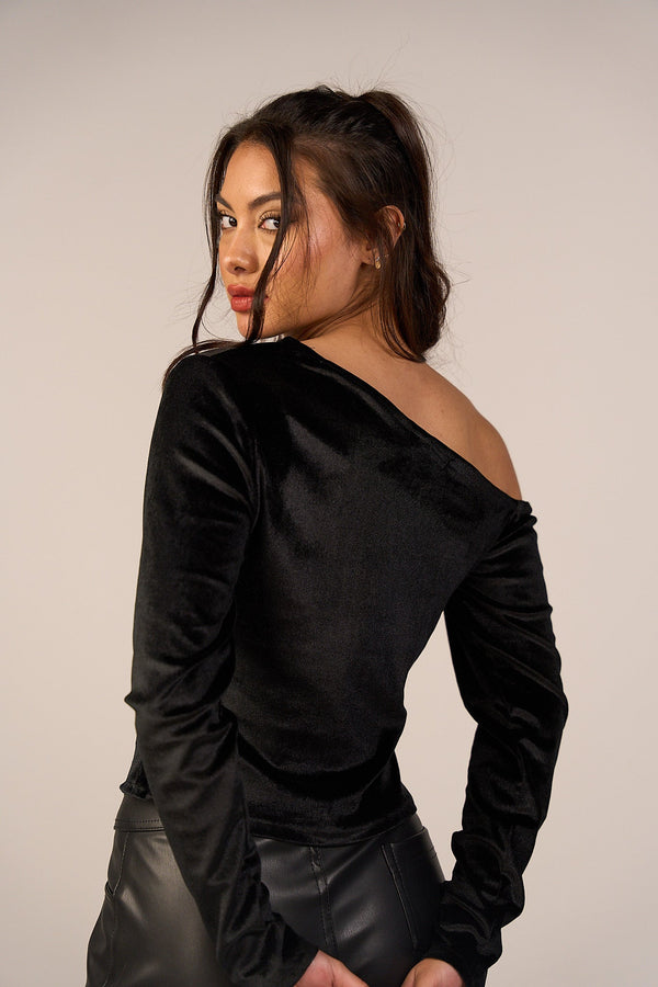 Velvet One Off Shoulder Tops - Black-4