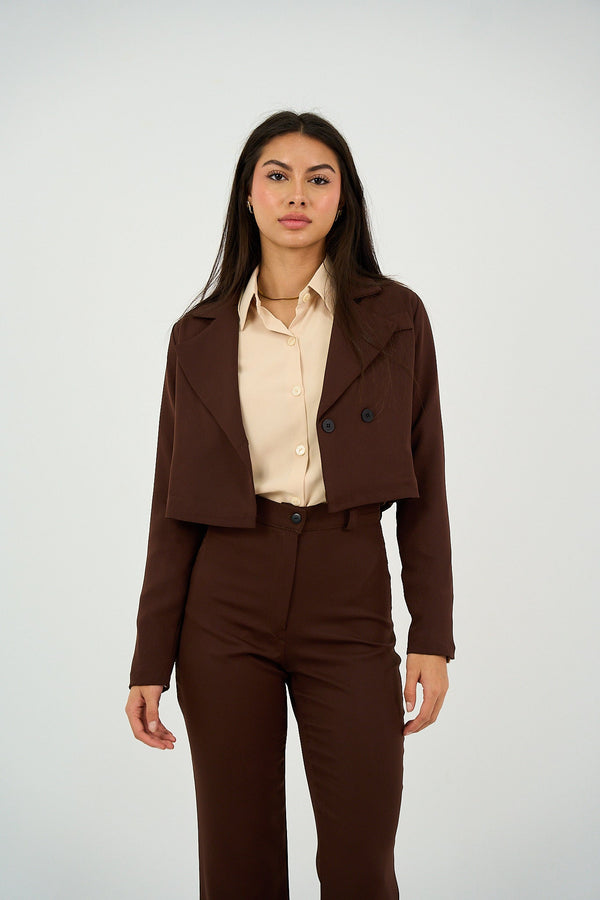 Cropped Open Blazer - Brown-0