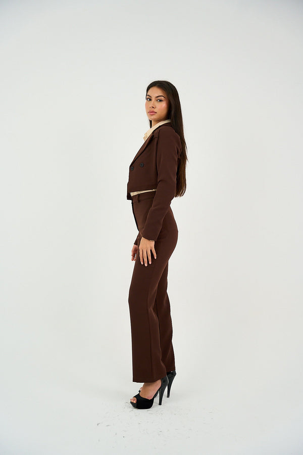 Cropped Open Blazer - Brown-1