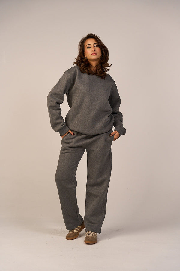 Crew Neck Pullover & Sweatpants - Set - Gray-0