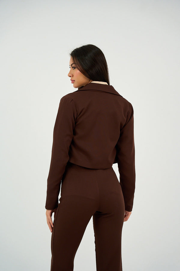 Cropped Open Blazer - Brown-2