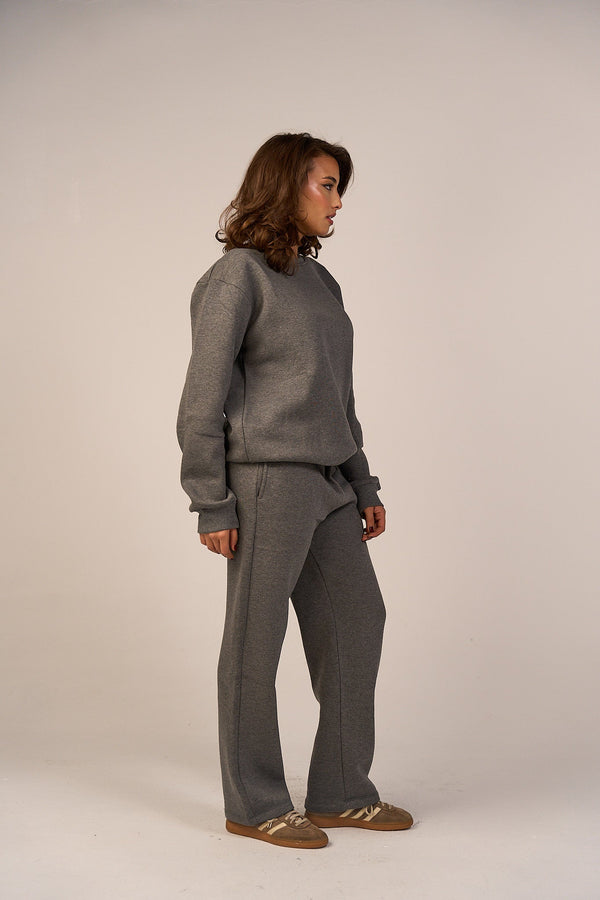 Crew Neck Pullover & Sweatpants - Set - Gray-1