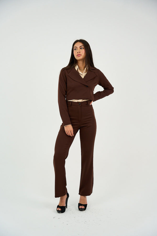 Cropped Open Blazer - Brown-3