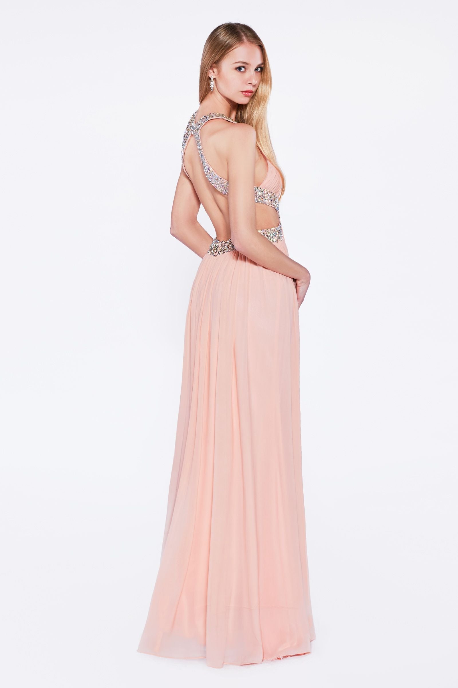 A-line stretch net dress with halter neckline and beaded waist cut outs.-1