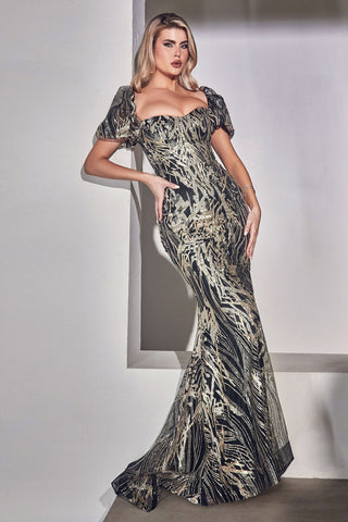 Glitter Printed Gown With Puff Sleeves-0