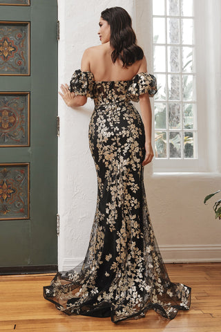 Strapless Glitter Floral Print Gown With Detachable Puff Sleeves-2