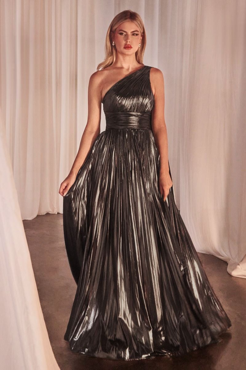 One Shoulder Metallic Pleated A-Line Dress-3