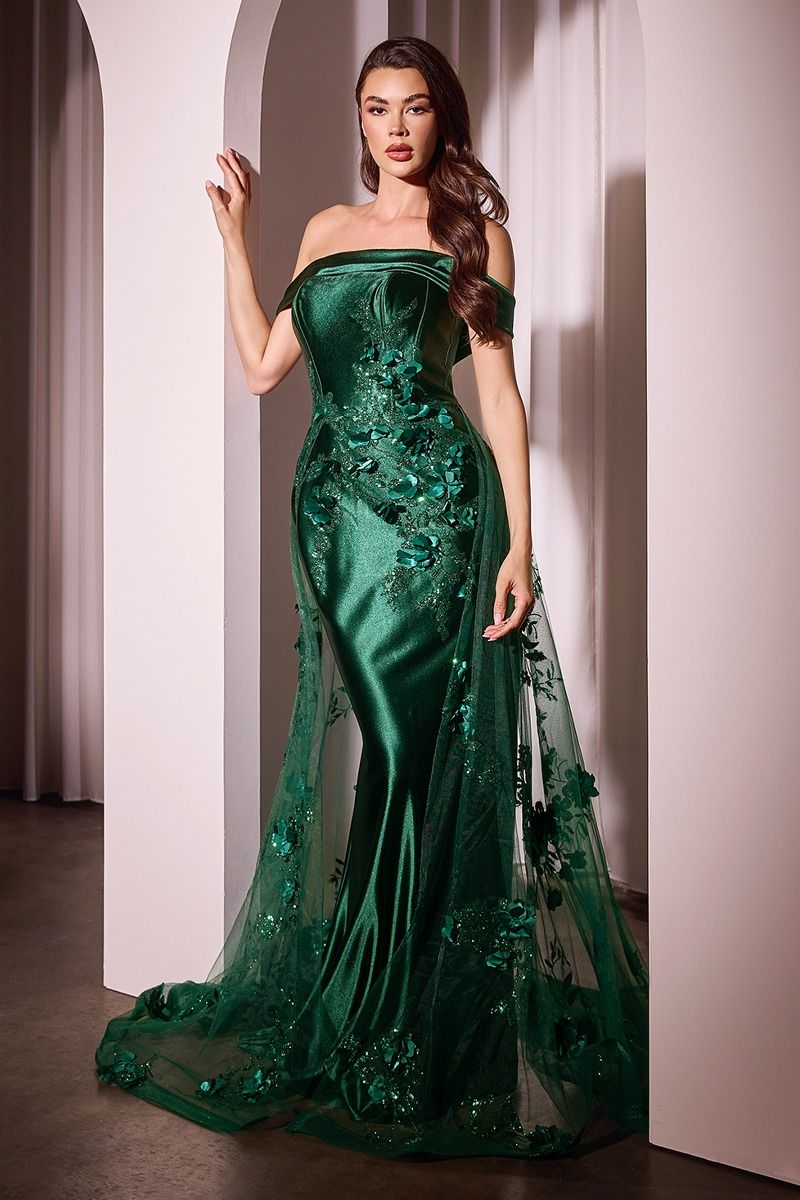 Embellished Satin Fitted Gown With Tulle Overskirt-1