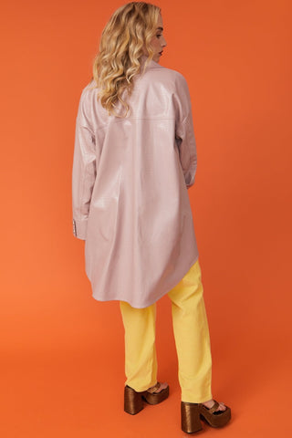 Baby Pink Oversized Faux Suede Leather Trench Coat with Exaggerated Collar-1