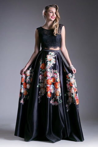 Beaded Lace 2 Piece Floral Satin Ball Gown-0