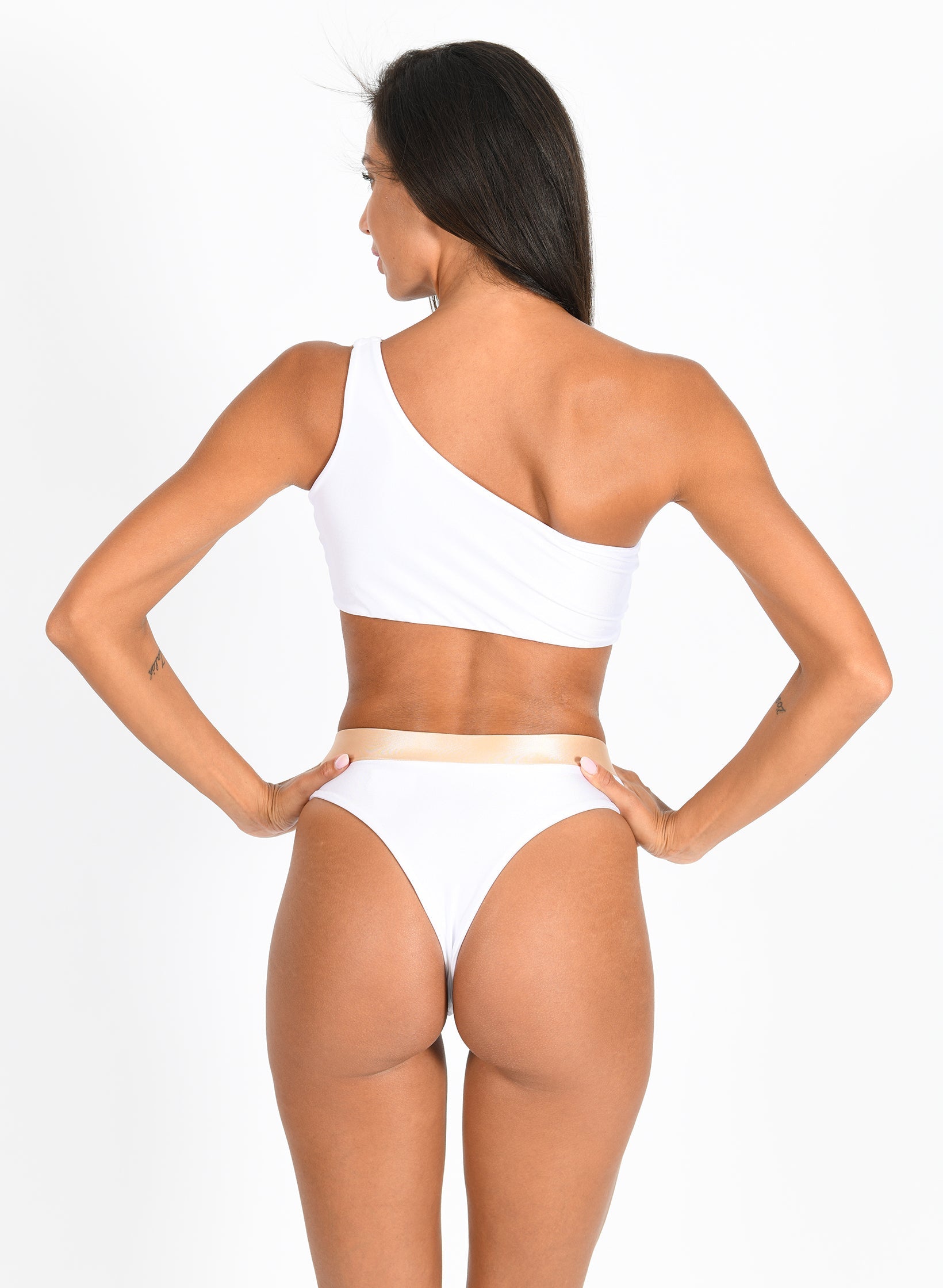 Kira One Shoulder Top & High Waist Bottom - White-3