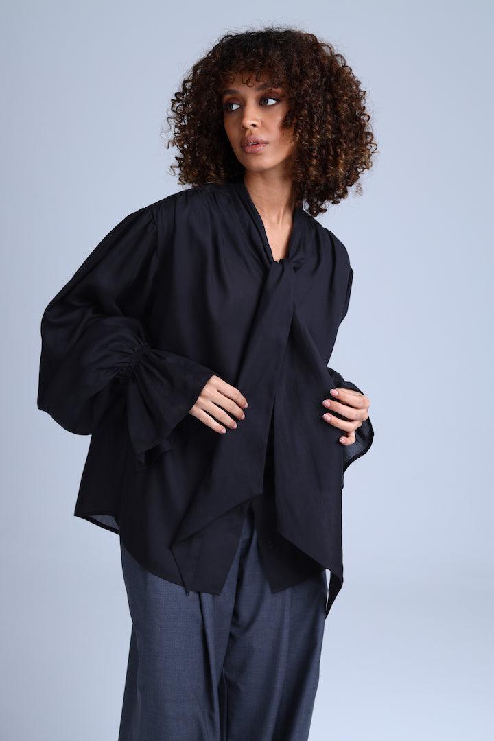 Protagonista Tencel Pussy-Bow Black Blouse With Voluminous Airy Sleeves-4