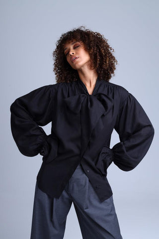 Protagonista Tencel Pussy-Bow Black Blouse With Voluminous Airy Sleeves-0