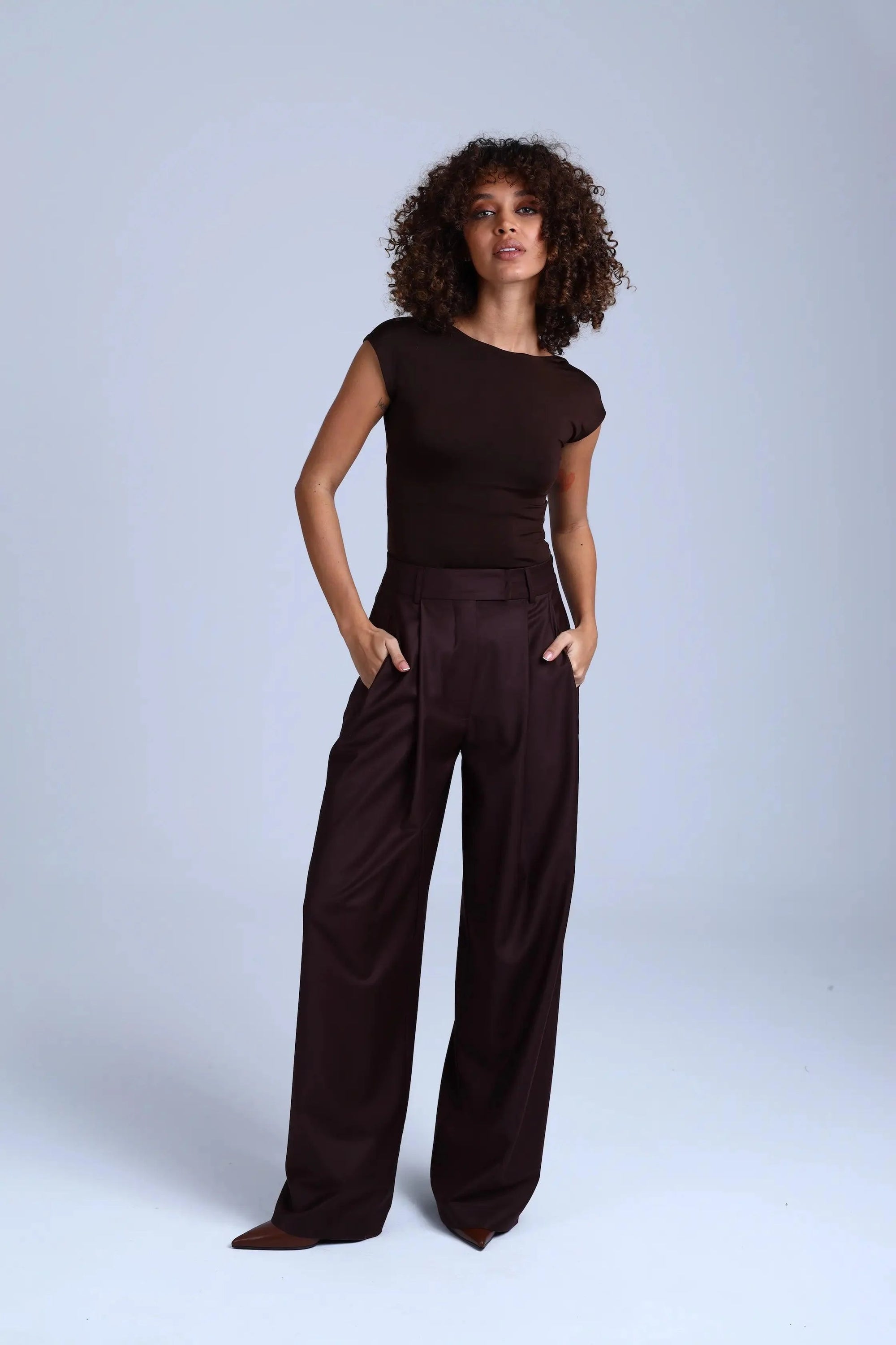 Monica Suit Wide Style Brown Virgin Wool Pants-0