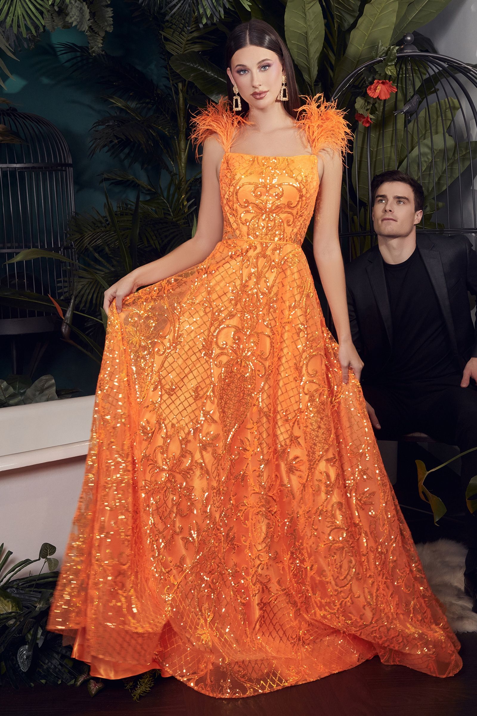 Neon Orange Ball Gown With Feathers-0