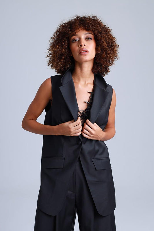 Liza Italian Design Black Virgin Wool Waistcoat-0