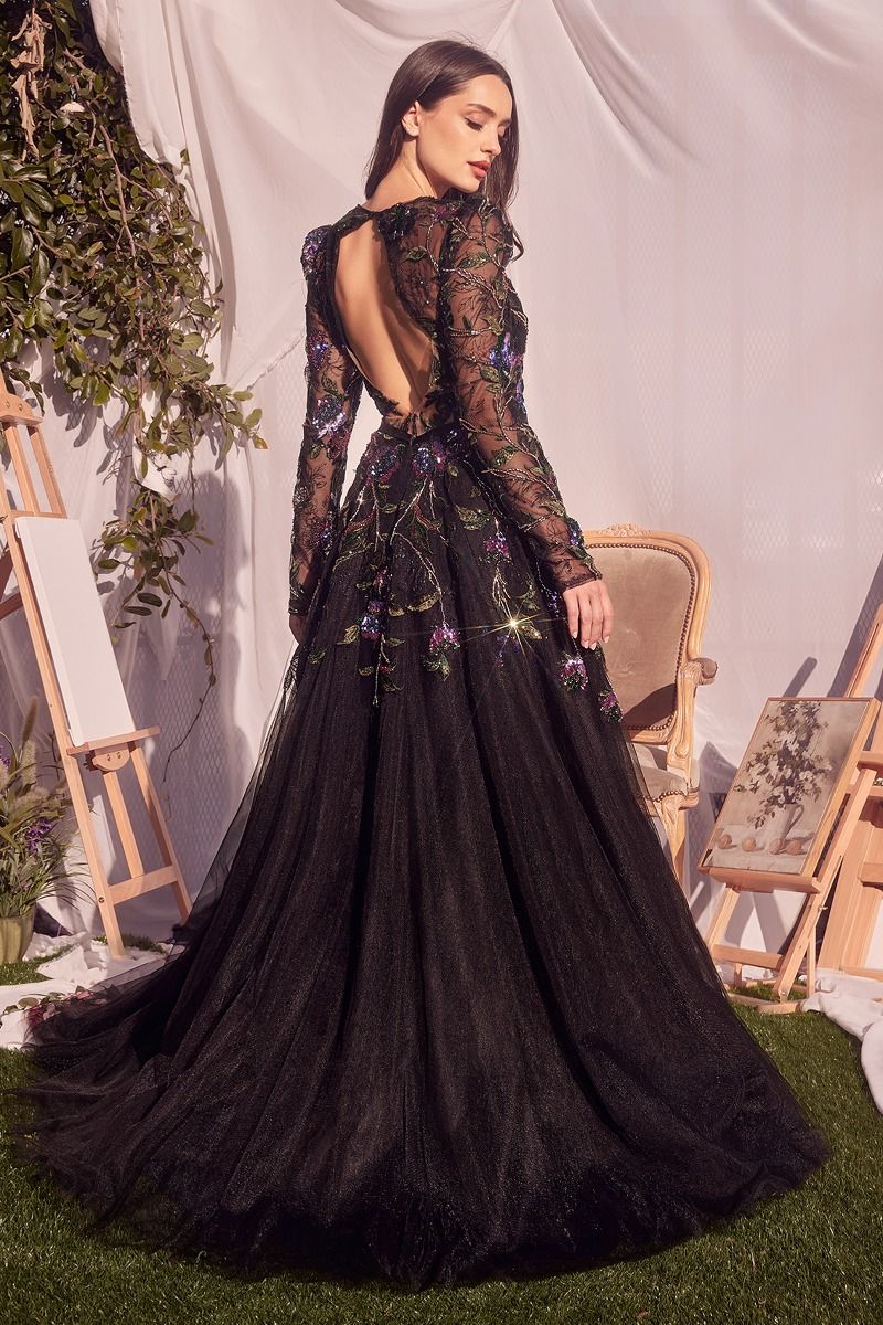 Long Sleeve Black Embellished Ball Gown-2