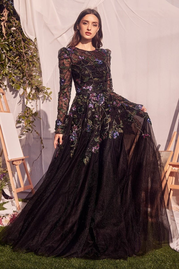 Long Sleeve Black Embellished Ball Gown-0