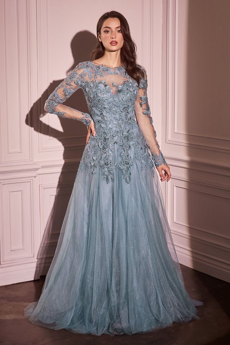 Lace Layered Tulle Long Sleeve Gown-0