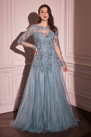 Lace Layered Tulle Long Sleeve Gown-0