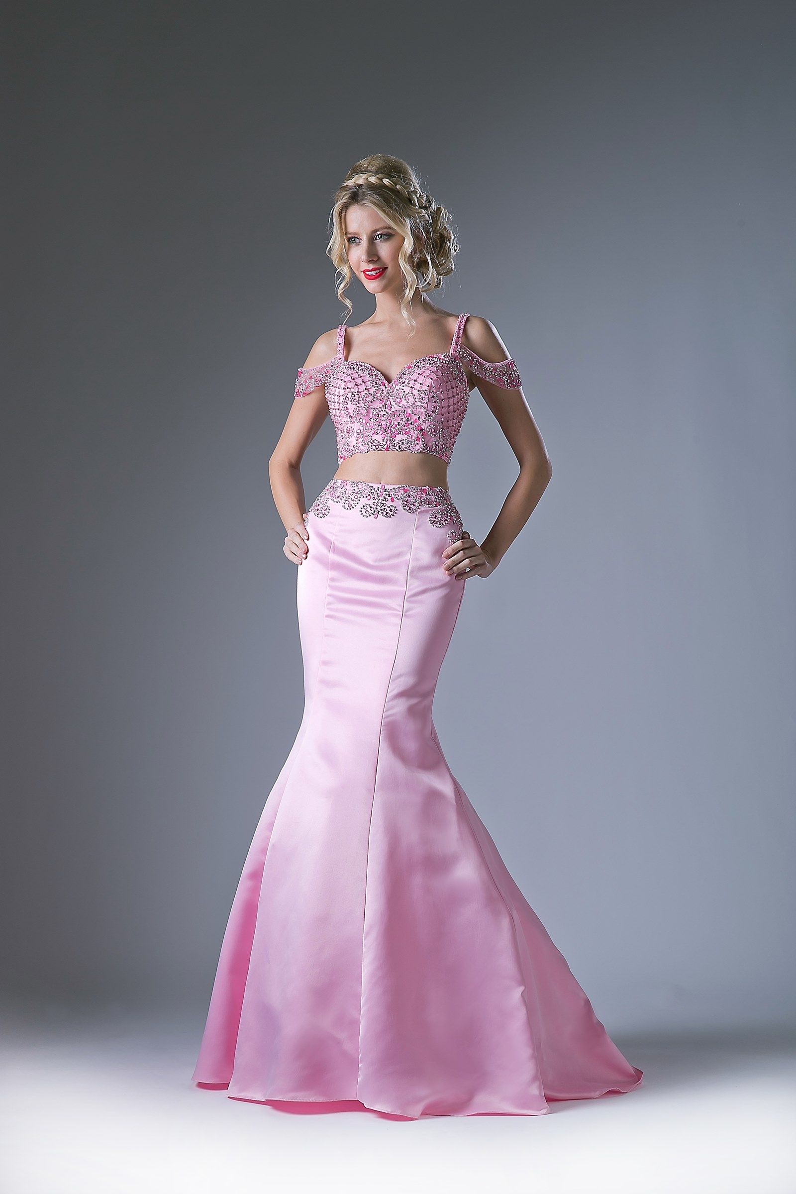 Beaded 2 Piece Satin Mermaid Gown-0