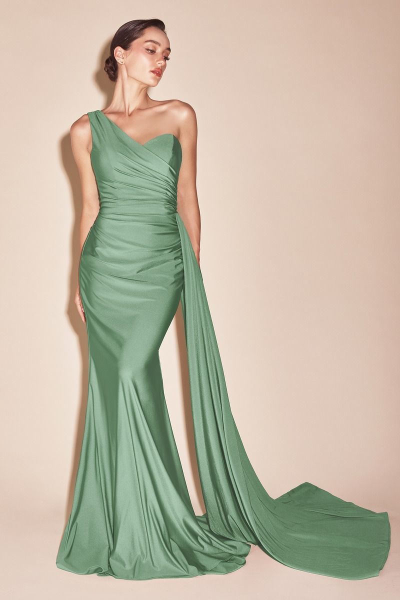 One Shoulder Stretch Satin Gown-5