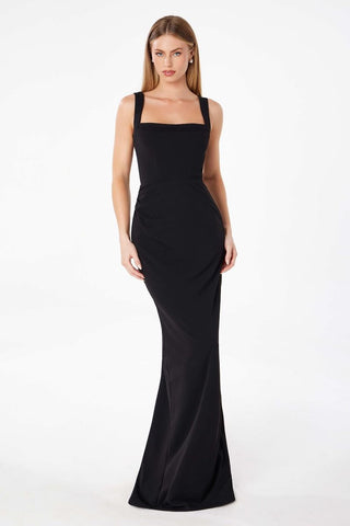 Illusion Scoop Neck Sleeveless Evening Dress with Spaghetti Straps and Open Criss-Cross Back-0