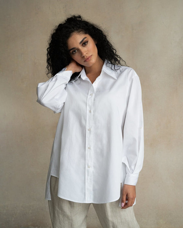 Terza Oversized Rolling-up White Cotton Shirt-0