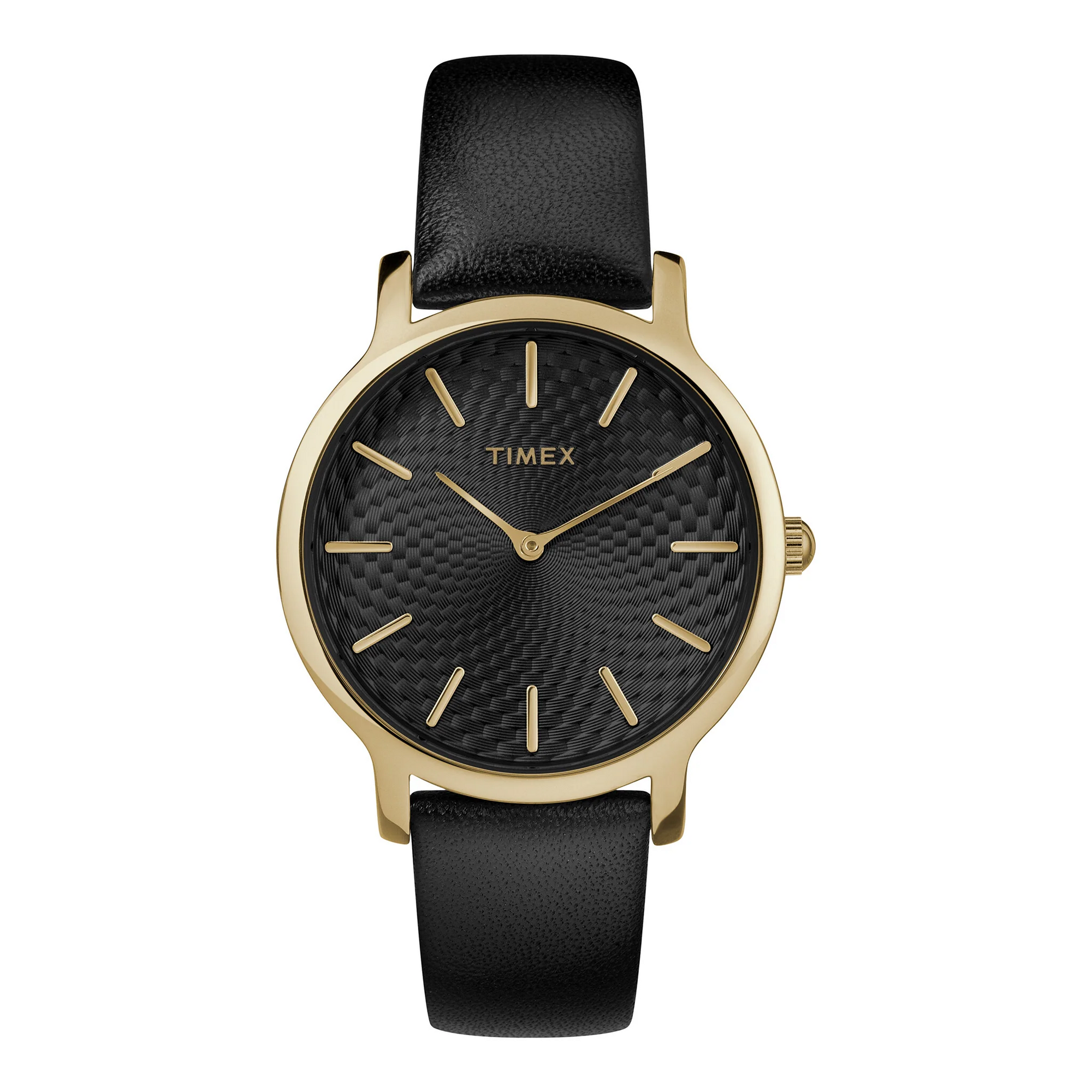 TIMEX Women's Watch with Gold Brass Case and Black Leather Band-0