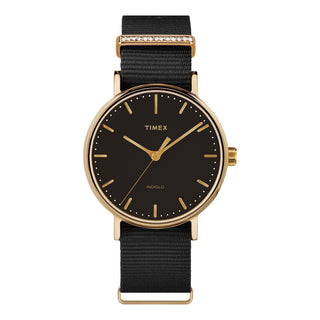 TIMEX Women's Watch with Gold Brass Case and Black Fabric Band-0