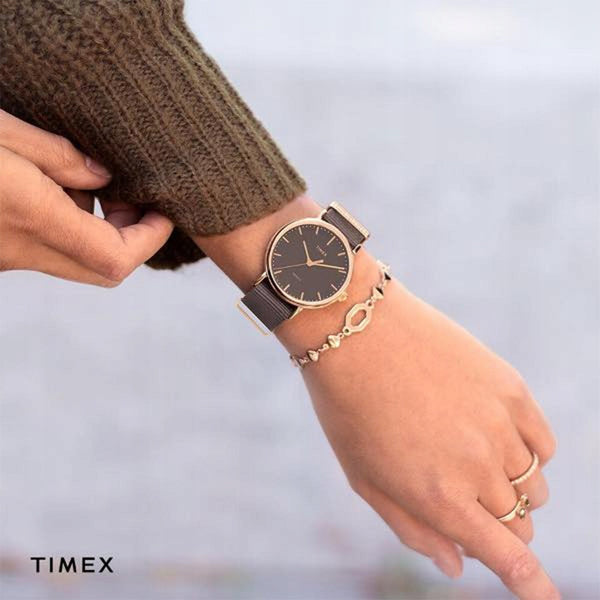 TIMEX Women's Watch with Gold Brass Case and Black Fabric Band-3