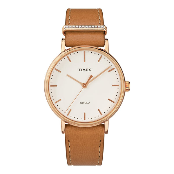 TIMEX Women's Watch with Rose Gold Brass Case and Tan Leather Band-0