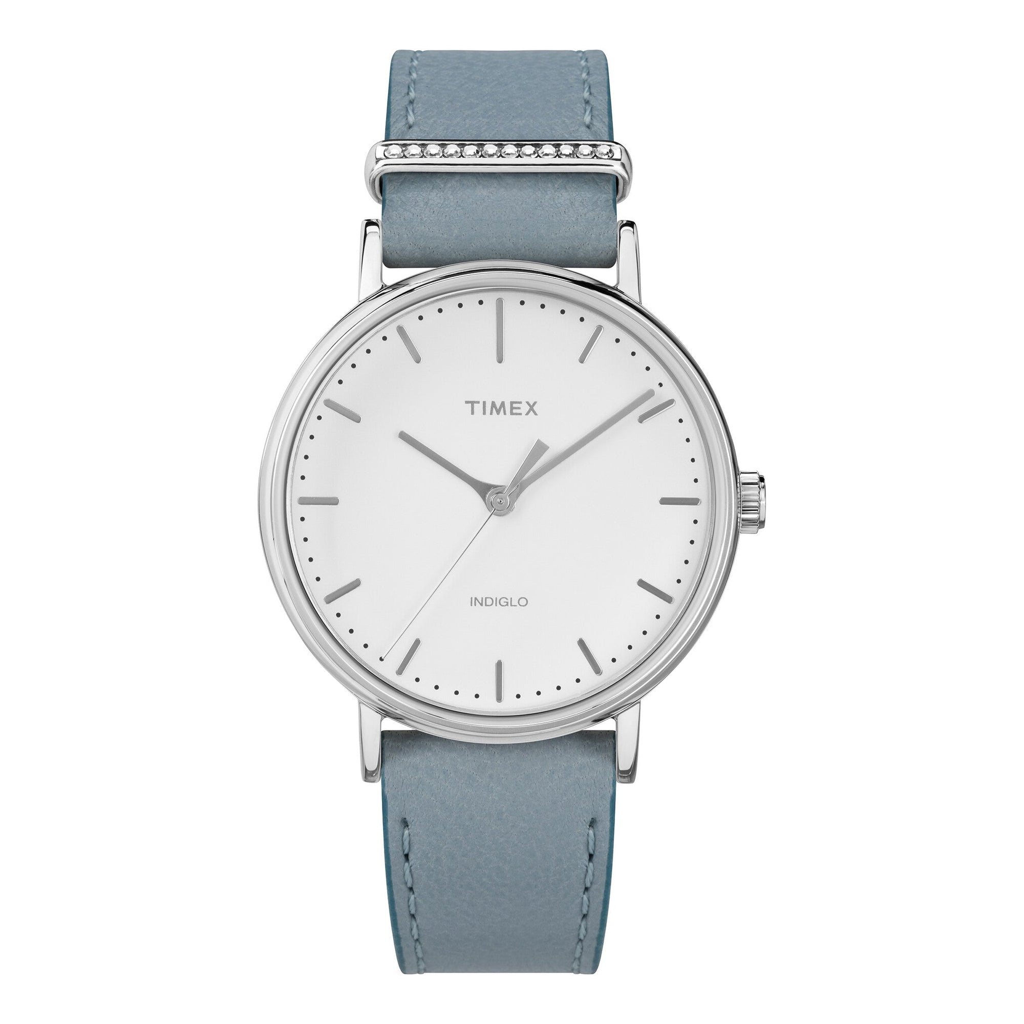 TIMEX Women's Watch with Silver Brass Case and Blue Leather Band-0