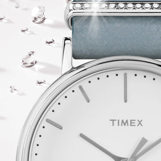 TIMEX Women's Watch with Silver Brass Case and Blue Leather Band-4