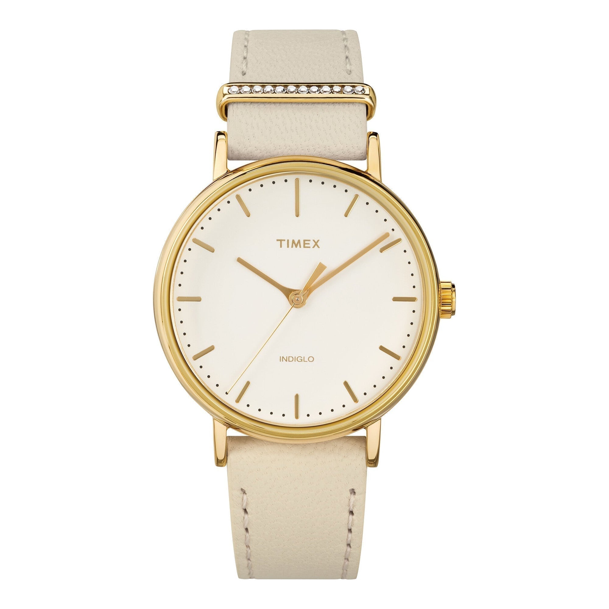 TIMEX Women's Watch with Gold Brass Case and White Leather Band-0