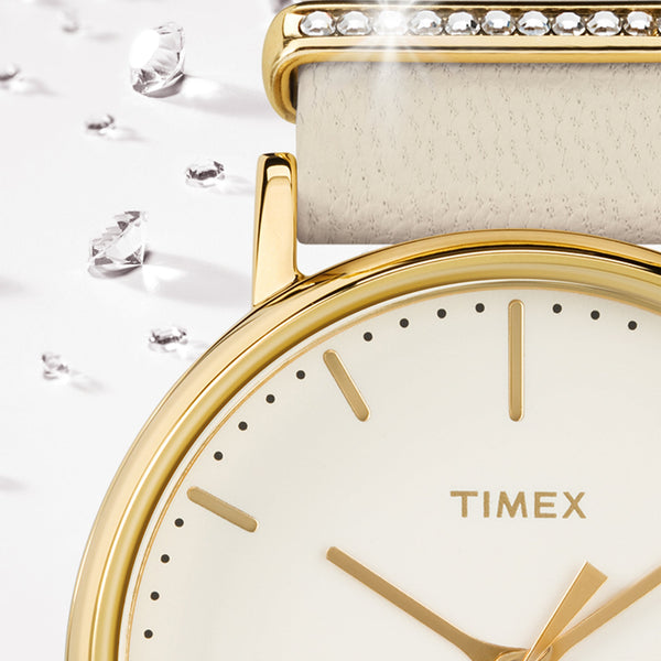 TIMEX Women's Watch with Gold Brass Case and White Leather Band-3